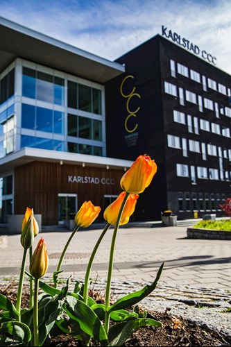 Bild på tulpaner med entrén till Karlstad CCC i bakgrunden
